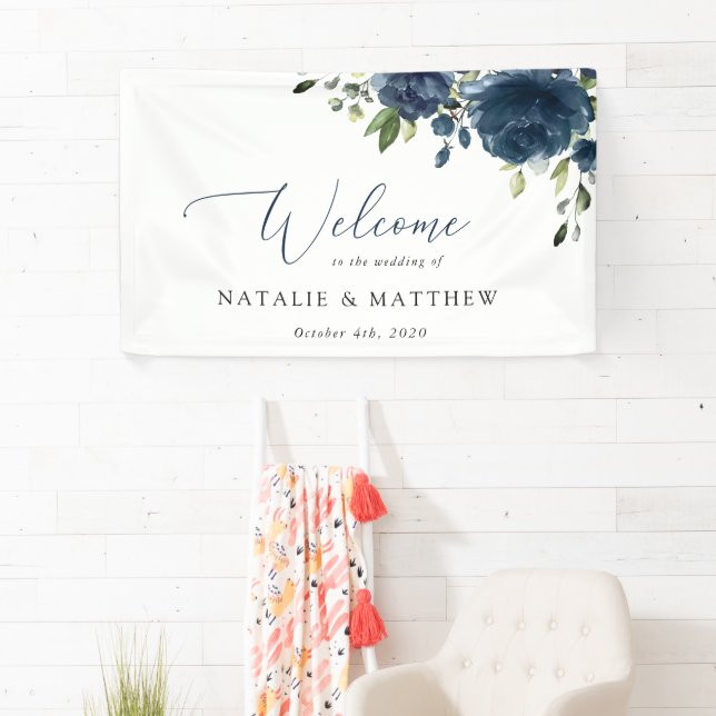 Navy Blue Flowers, Greenery, Boho, Wedding Welcome Banner (Insitu)