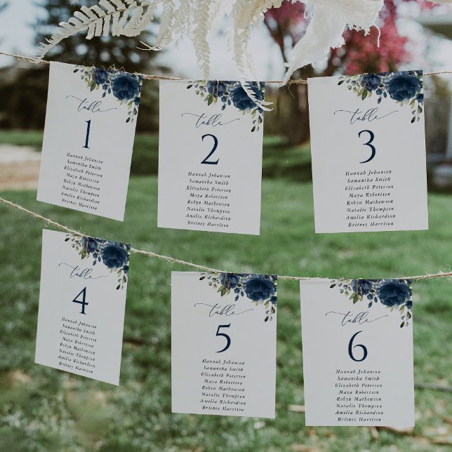 Navy Blue Flowers, Greenery, Seating Chart Cards (Creator Uploaded)