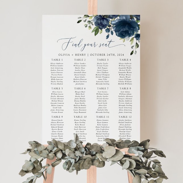 Navy Blue Flowers, Greenery, Wedding Seating Chart (Creator Uploaded)