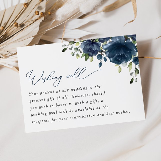 Navy Blue Flowers, Greenery, Wedding Wishing Well Enclosure Card (Creator Uploaded)