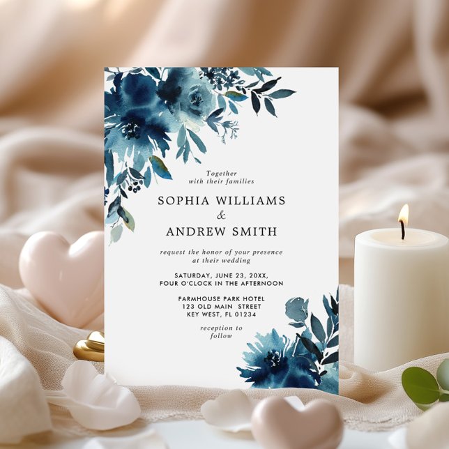 Navy Blue Flowers Indigo Floral Wedding Invitation (Creator Uploaded)