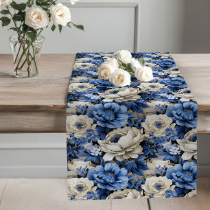 Navy Blue Flowers Ivory Floral Table Runner