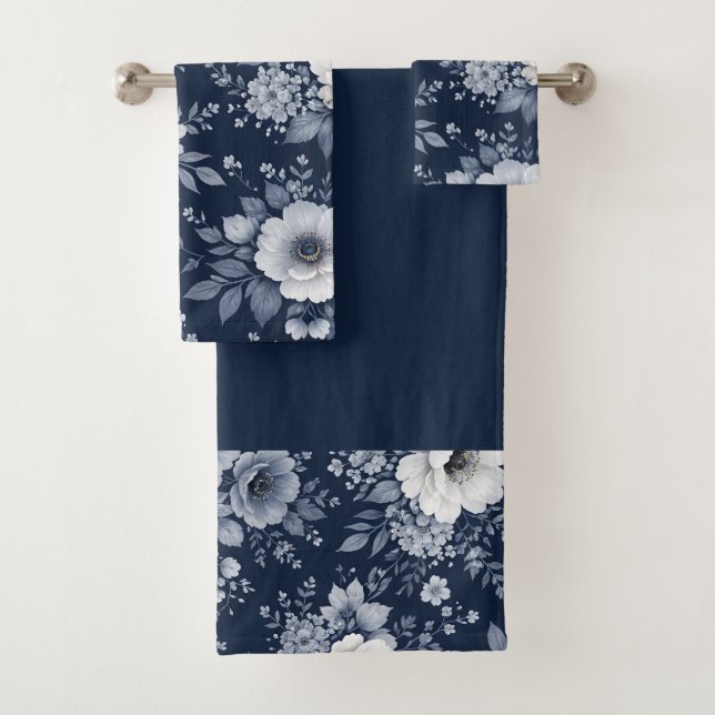 navy blue flowers modern decorative bathroom  bath towel set (Insitu)