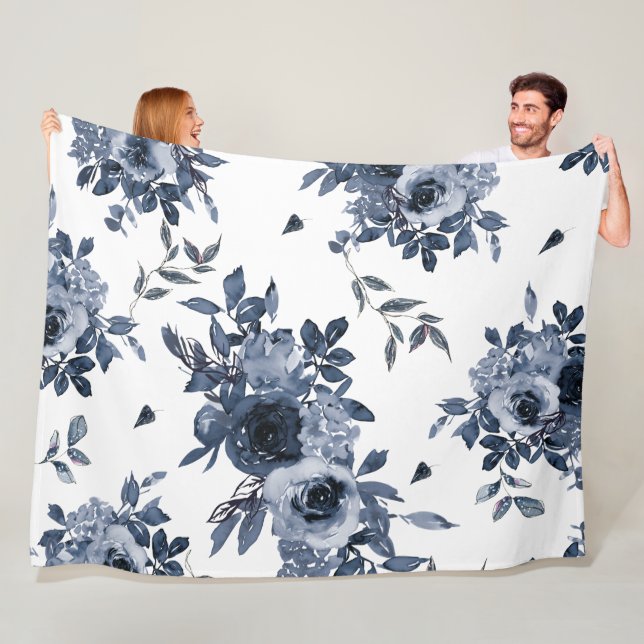 Navy Blue Flowers on White Fleece Blanket (In Situ)