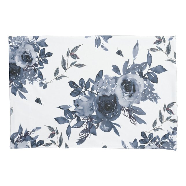 Navy Blue Flowers on White Pillowcase (Front)