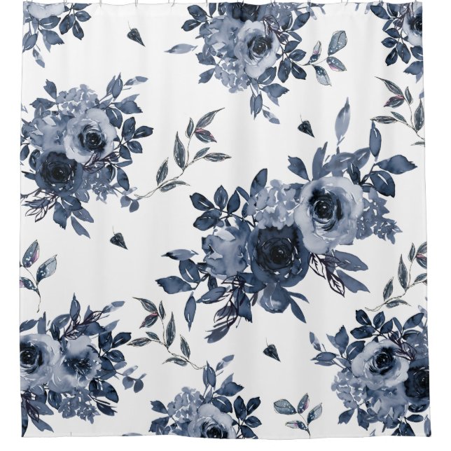 Navy Blue Flowers on White Shower Curtain (Front)