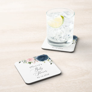 Navy Blue Flowers, Pink Flowers, Baby Shower Coaster