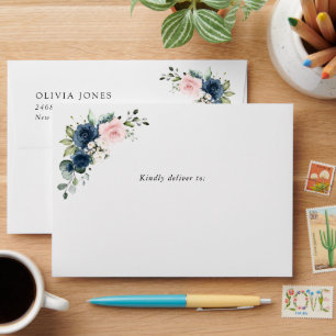 Navy Blue Flowers, Pink Flowers, Baby Shower  Envelope