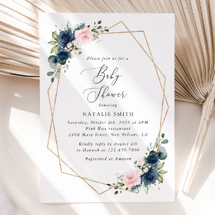 Navy Blue Flowers, Pink Flowers, Baby Shower  Invitation