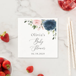 Navy Blue Flowers, Pink Flowers, Baby Shower Napkin