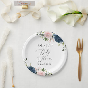 Navy Blue Flowers, Pink Flowers, Baby Shower Paper Plate