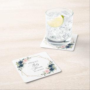 Navy Blue Flowers, Pink Flowers, Baby Shower  Square Paper Coaster