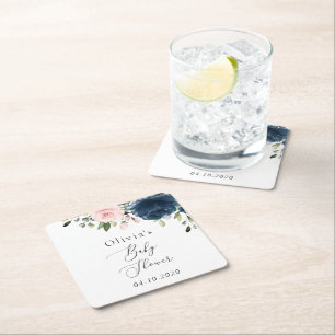 Navy Blue Flowers, Pink Flowers, Baby Shower Square Paper Coaster