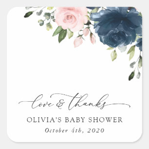 Navy Blue Flowers, Pink Flowers, Baby Shower Square Sticker