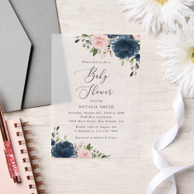 Navy Blue Flowers, Pink Flowers, Baby Shower Vellum Invitations (Wedding)