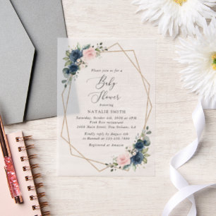 Navy Blue Flowers, Pink Flowers, Baby Shower  Vellum Invitations