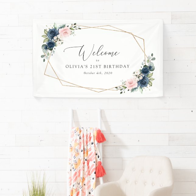 Navy Blue Flowers, Pink Flowers, Birthday Welcome Banner (Insitu)
