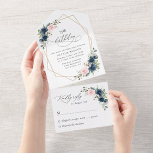 Navy Blue Flowers, Pink Flowers, Boho, Birthday All In One Invitation