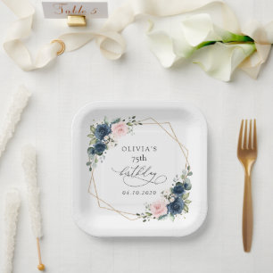 Navy Blue Flowers, Pink Flowers, Boho, Birthday Paper Plate