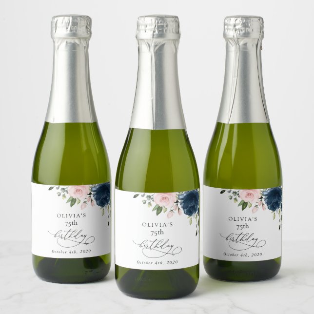Navy Blue Flowers, Pink Flowers, Boho, Birthday Sparkling Wine Label (Bottles)