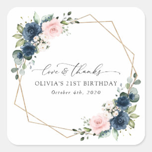 Navy Blue Flowers, Pink Flowers, Boho, Birthday Square Sticker