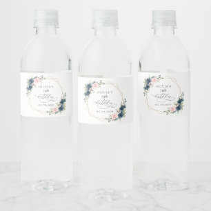 Navy Blue Flowers, Pink Flowers, Boho, Birthday Water Bottle Label