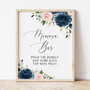 Navy Blue Flowers, Pink Flowers, Boho, Mimosa Bar  Poster