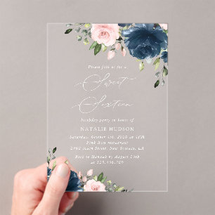 Navy Blue Flowers, Pink Flowers, Boho, Sweet 16 Acrylic Invitations