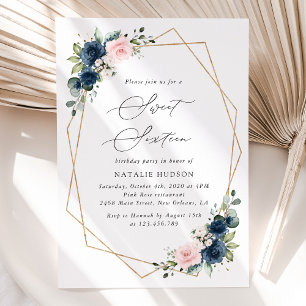Navy Blue Flowers, Pink Flowers, Boho, Sweet 16 Invitation