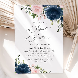Navy Blue Flowers, Pink Flowers, Boho, Sweet 16 Invitation