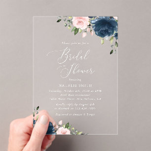 Navy Blue Flowers, Pink Flowers, Bridal Shower Acrylic Invitations