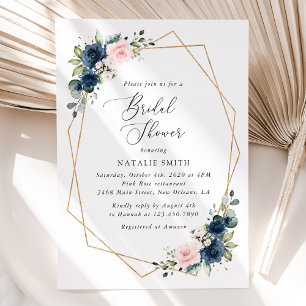 Navy Blue Flowers, Pink Flowers, Bridal Shower Invitation