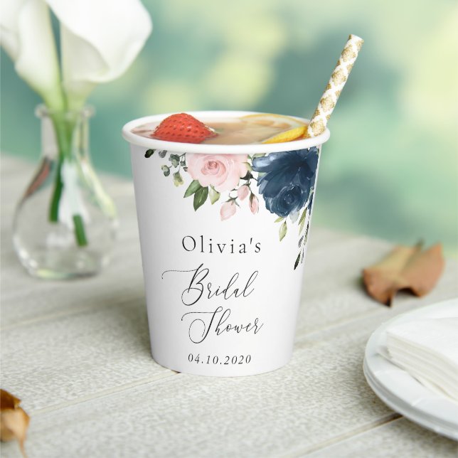 Navy Blue Flowers, Pink Flowers, Bridal Shower Paper Cups (Insitu)