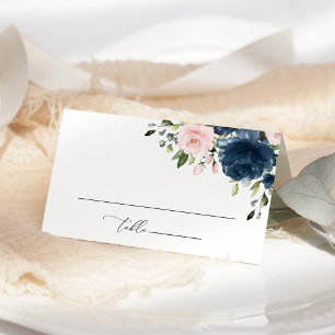 Navy Blue Flowers, Pink Flowers, Bridal Shower Place Card