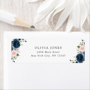 Navy Blue Flowers, Pink Flowers, Bridal Shower Return Address Label