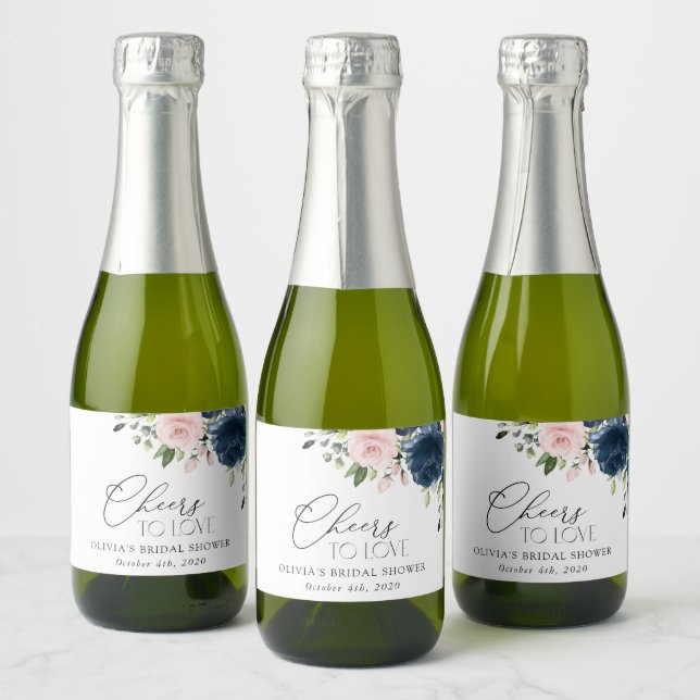 Navy Blue Flowers, Pink Flowers, Bridal Shower Sparkling Wine Label (Bottles)