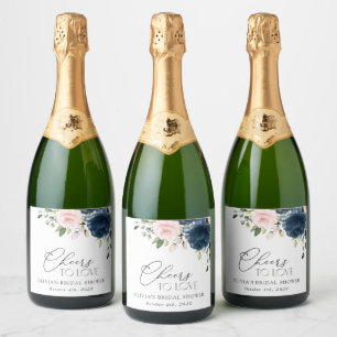 Navy Blue Flowers, Pink Flowers, Bridal Shower Sparkling Wine Label