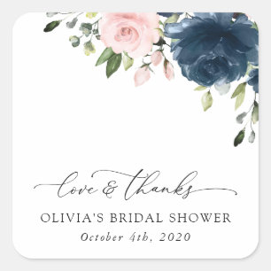 Navy Blue Flowers, Pink Flowers, Bridal Shower Square Sticker