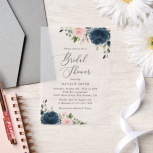 Navy Blue Flowers, Pink Flowers, Bridal Shower Vellum Invitations