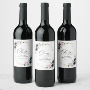 Navy Blue Flowers, Pink Flowers, Bridal Shower Wine Label