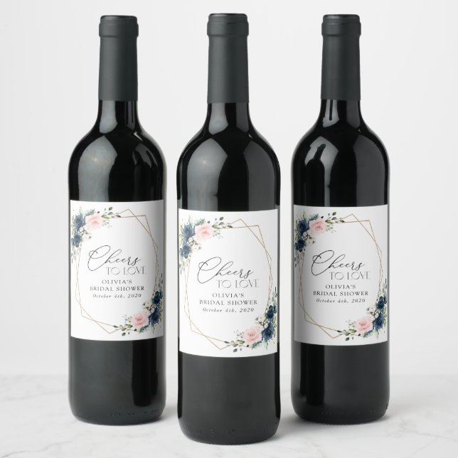 Navy Blue Flowers, Pink Flowers, Bridal Shower Wine Label (Bottles)