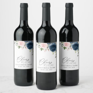 Navy Blue Flowers, Pink Flowers, Bridal Shower Wine Label