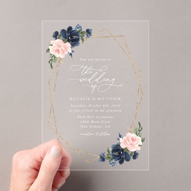 Navy Blue Flowers, Pink Flowers, Floral Wedding Acrylic Invitations (Insitu (Handheld))