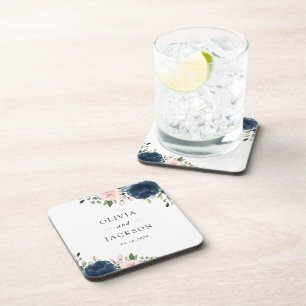 Navy Blue Flowers, Pink Flowers, Floral Wedding Coaster