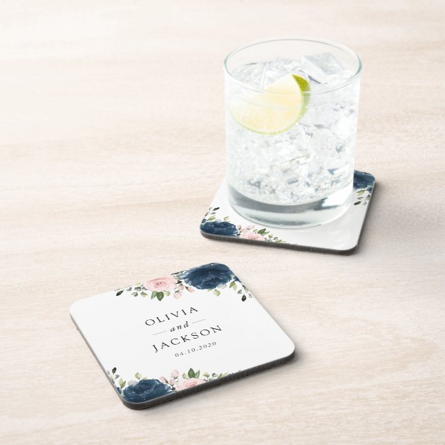Navy Blue Flowers, Pink Flowers, Floral Wedding Coaster (Right Side)