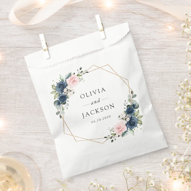 Navy Blue Flowers, Pink Flowers, Floral Wedding Favour Bag (Clipped)