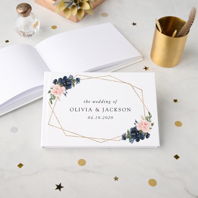 Navy Blue Flowers, Pink Flowers, Floral Wedding Guest Book (Front Open)