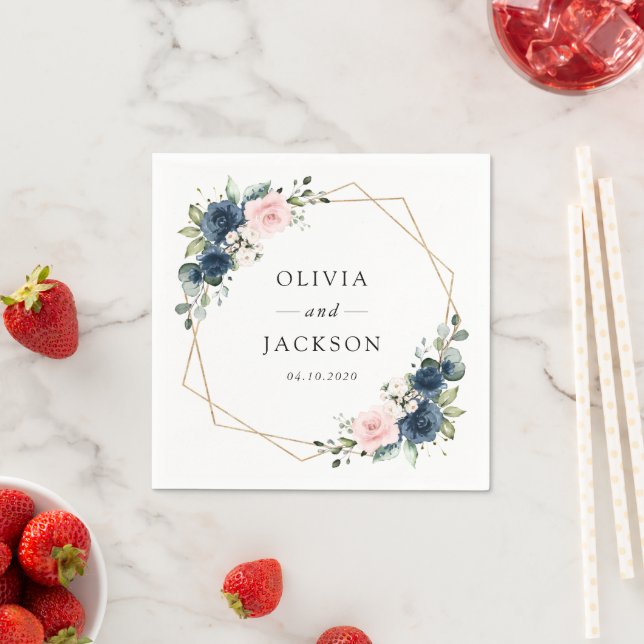 Navy Blue Flowers, Pink Flowers, Floral Wedding Napkin (Insitu)