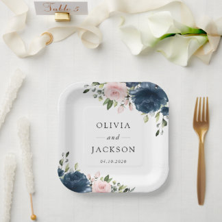 Navy Blue Flowers, Pink Flowers, Floral Wedding Paper Plate