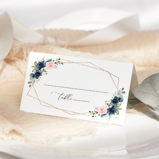 Navy Blue Flowers, Pink Flowers, Floral Wedding Place Card (Creator Uploaded)